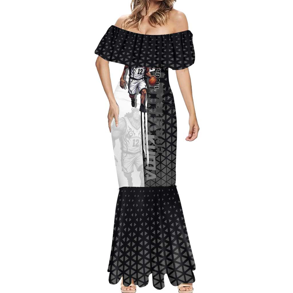 Bartholomew Kuma One Piece Basketball Crossover Design Mermaid Dress with Monochrome Geometric Background and Dynamic Pose - The Mazicc