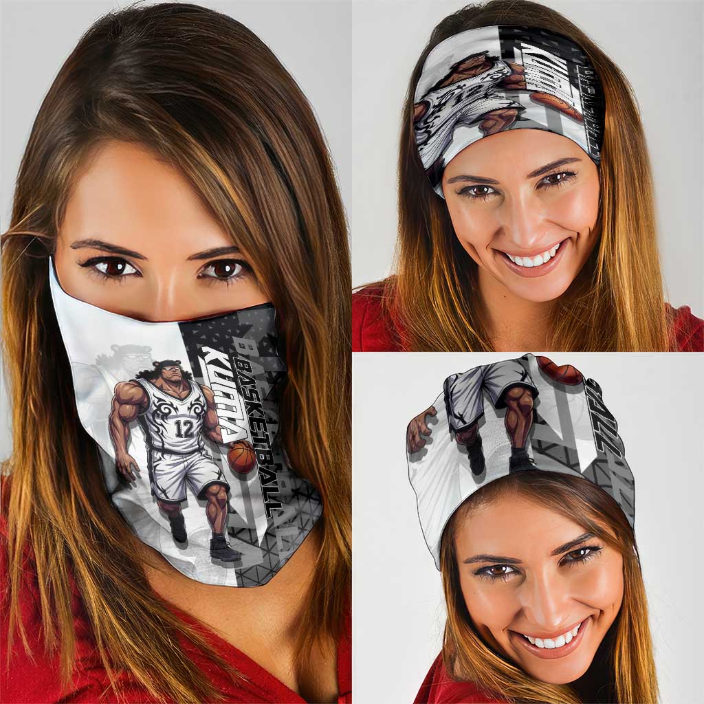 Bartholomew Kuma One Piece Basketball Crossover Design Neck Gaiter with Monochrome Geometric Background and Dynamic Pose - The Mazicc