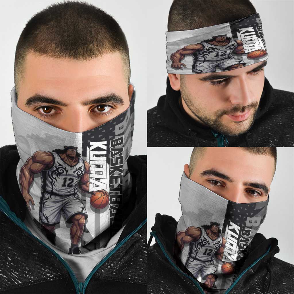 Bartholomew Kuma One Piece Basketball Crossover Design Neck Gaiter with Monochrome Geometric Background and Dynamic Pose - The Mazicc
