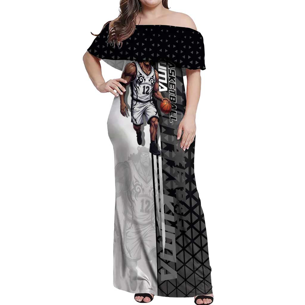 Bartholomew Kuma One Piece Basketball Crossover Design Off Shoulder Maxi Dress with Monochrome Geometric Background and Dynamic Pose - The Mazicc