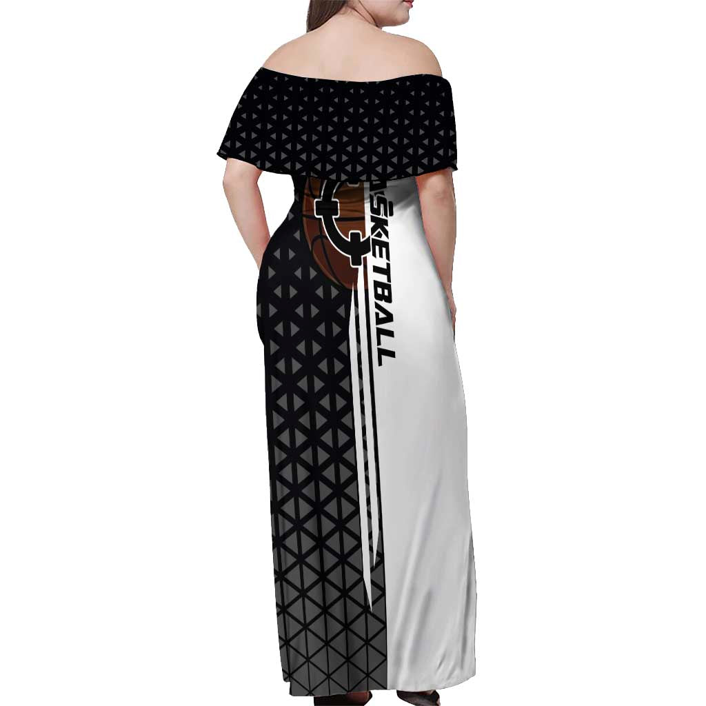 Bartholomew Kuma One Piece Basketball Crossover Design Off Shoulder Maxi Dress with Monochrome Geometric Background and Dynamic Pose - The Mazicc