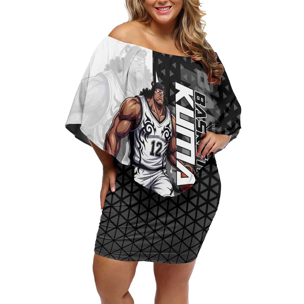 Bartholomew Kuma One Piece Basketball Crossover Design Off Shoulder Short Dress with Monochrome Geometric Background and Dynamic Pose - The Mazicc