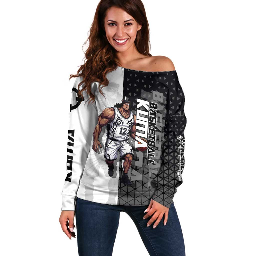 Bartholomew Kuma One Piece Basketball Crossover Design Off Shoulder Sweater with Monochrome Geometric Background and Dynamic Pose - The Mazicc