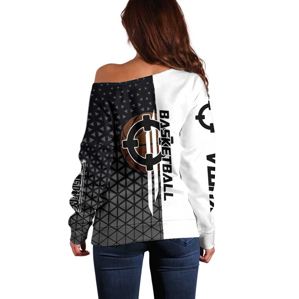 Bartholomew Kuma One Piece Basketball Crossover Design Off Shoulder Sweater with Monochrome Geometric Background and Dynamic Pose - The Mazicc