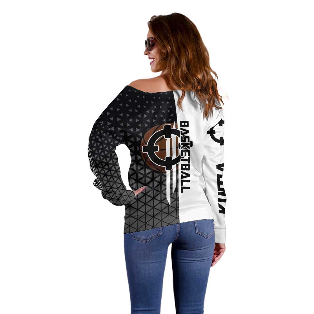Bartholomew Kuma One Piece Basketball Crossover Design Off Shoulder Sweater with Monochrome Geometric Background and Dynamic Pose - The Mazicc