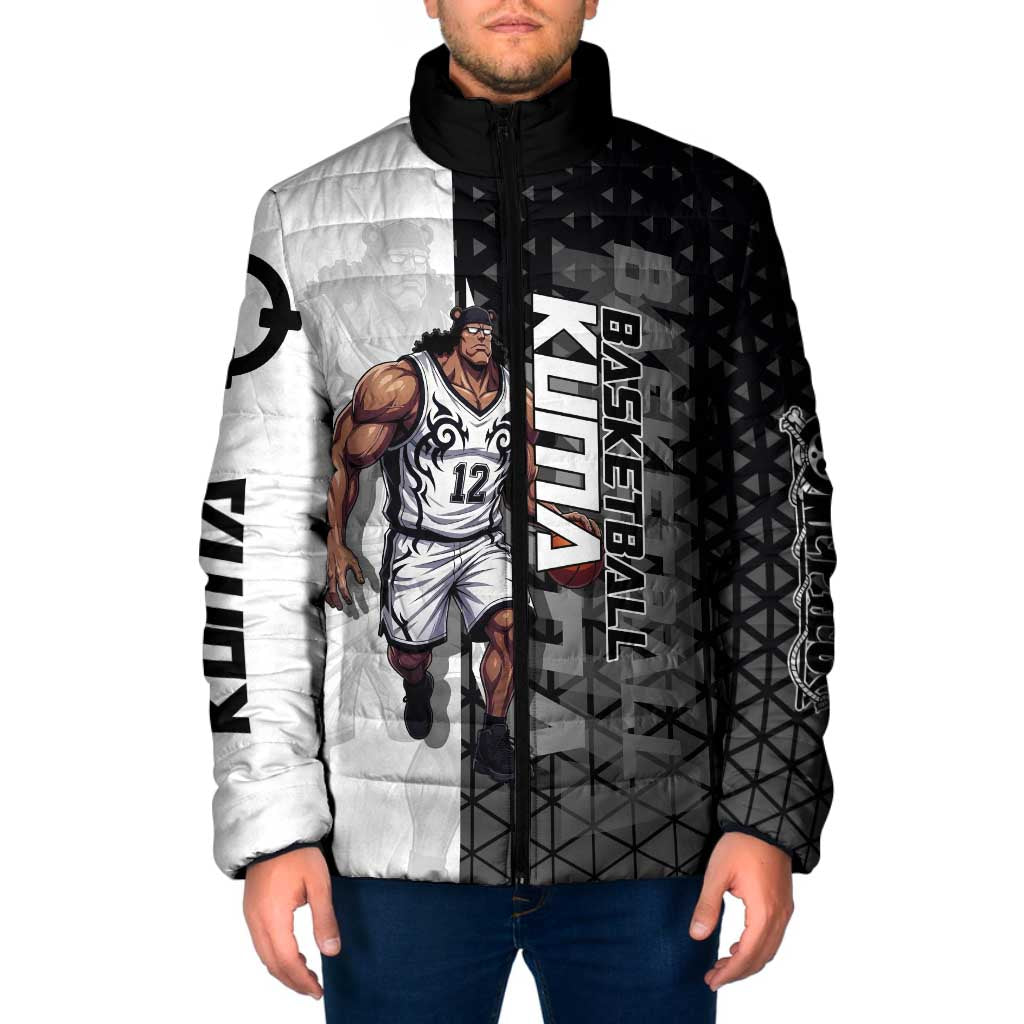 Bartholomew Kuma One Piece Basketball Crossover Design Padded Jacket with Monochrome Geometric Background and Dynamic Pose - The Mazicc