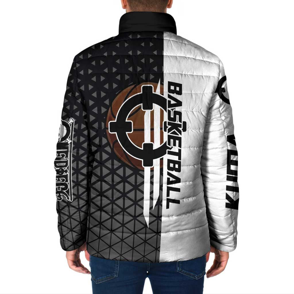 Bartholomew Kuma One Piece Basketball Crossover Design Padded Jacket with Monochrome Geometric Background and Dynamic Pose - The Mazicc