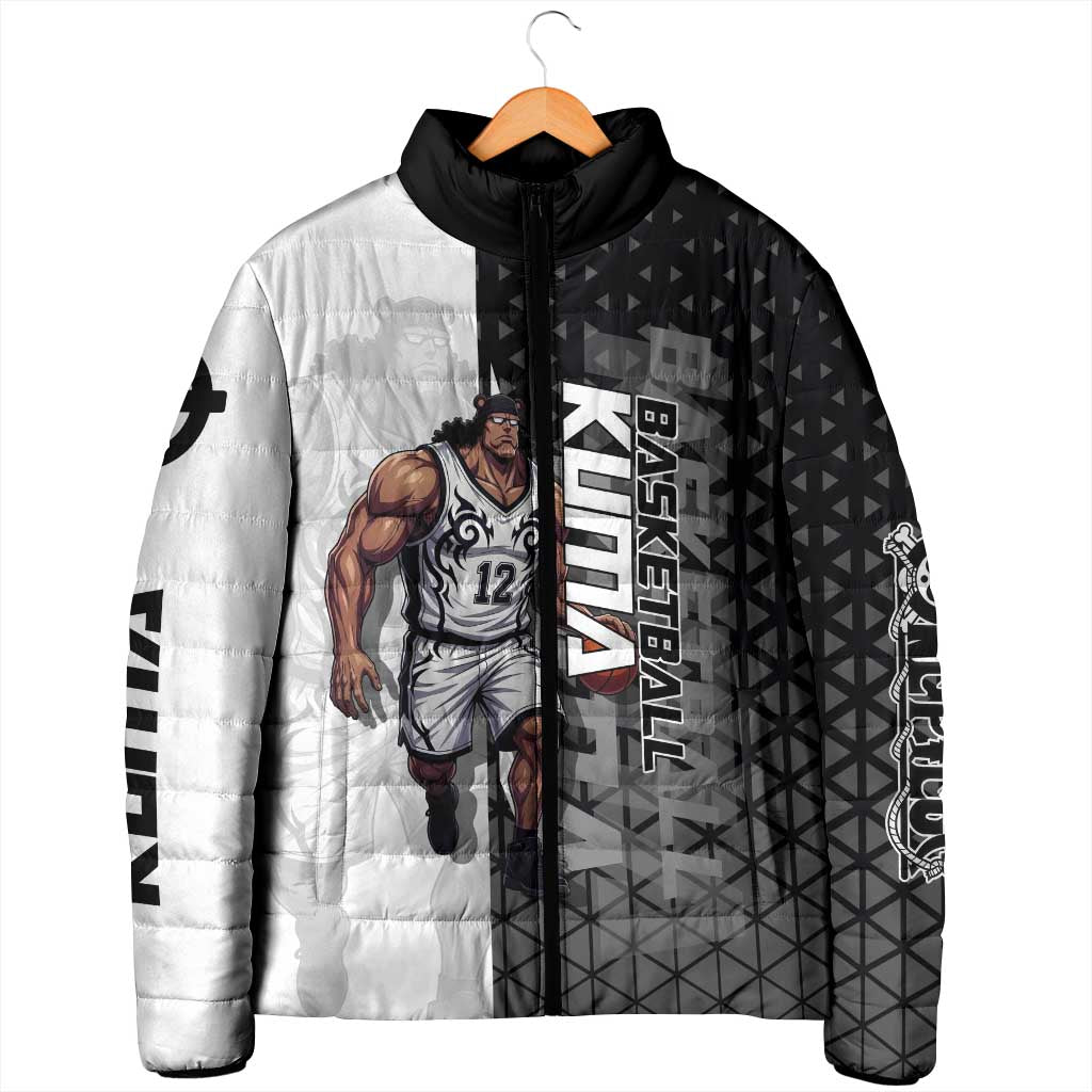 Bartholomew Kuma One Piece Basketball Crossover Design Padded Jacket with Monochrome Geometric Background and Dynamic Pose - The Mazicc