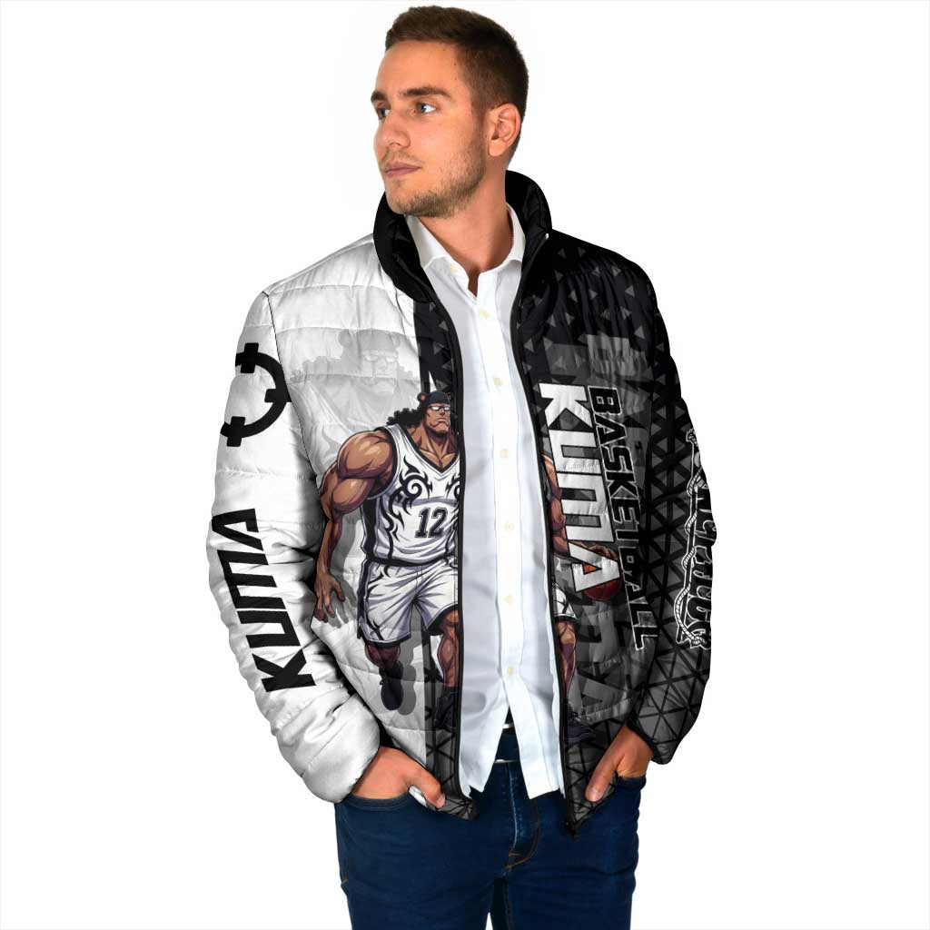 Bartholomew Kuma One Piece Basketball Crossover Design Padded Jacket with Monochrome Geometric Background and Dynamic Pose - The Mazicc