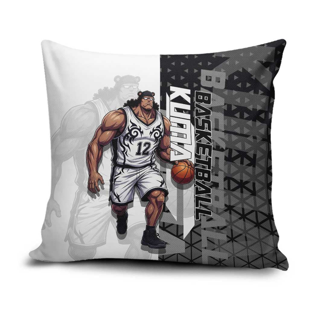 Bartholomew Kuma One Piece Basketball Crossover Design Pillow Cover with Monochrome Geometric Background and Dynamic Pose - The Mazicc