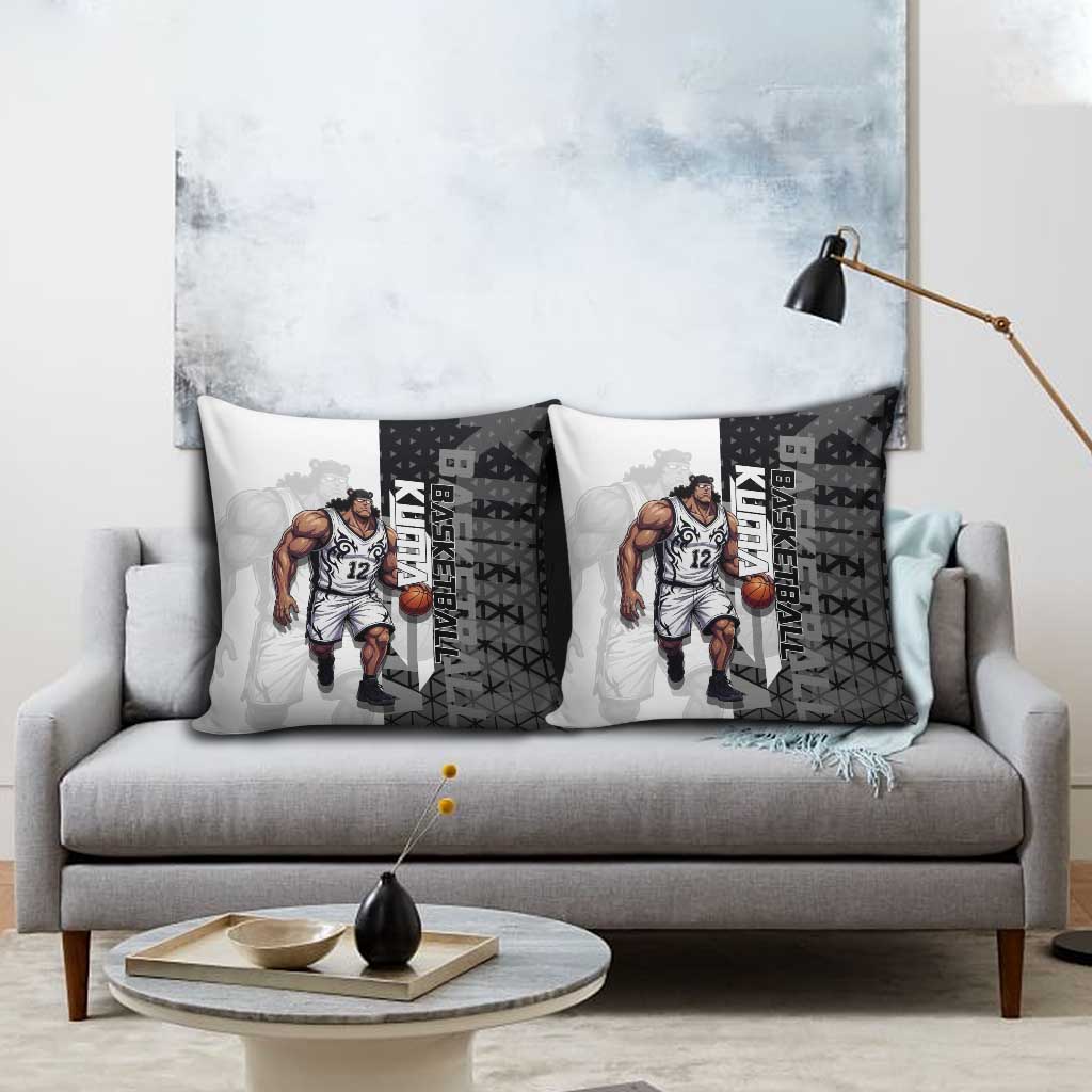 Bartholomew Kuma One Piece Basketball Crossover Design Pillow Cover with Monochrome Geometric Background and Dynamic Pose - The Mazicc
