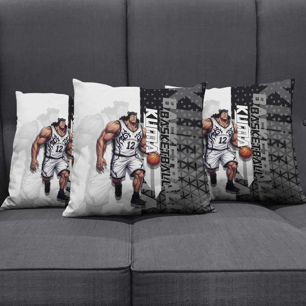 Bartholomew Kuma One Piece Basketball Crossover Design Pillow Cover with Monochrome Geometric Background and Dynamic Pose - The Mazicc