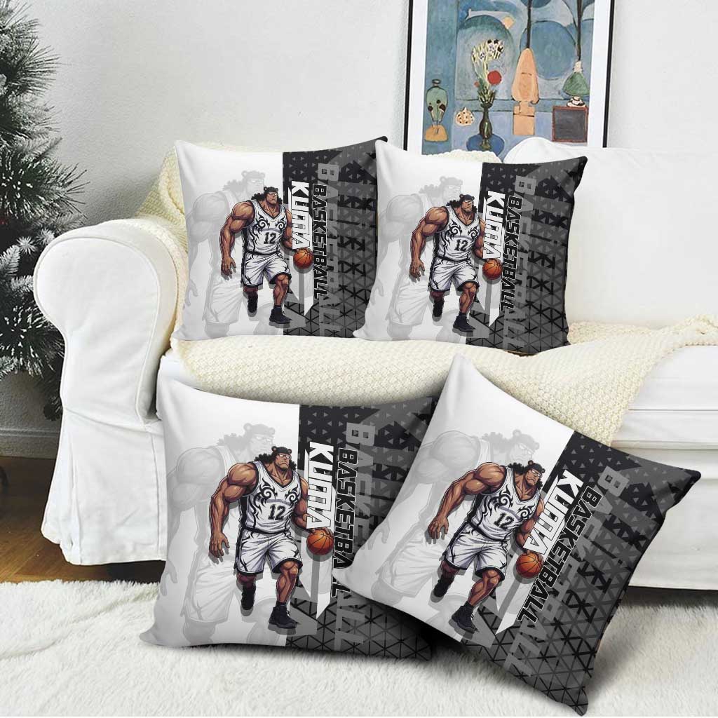 Bartholomew Kuma One Piece Basketball Crossover Design Pillow Cover with Monochrome Geometric Background and Dynamic Pose - The Mazicc