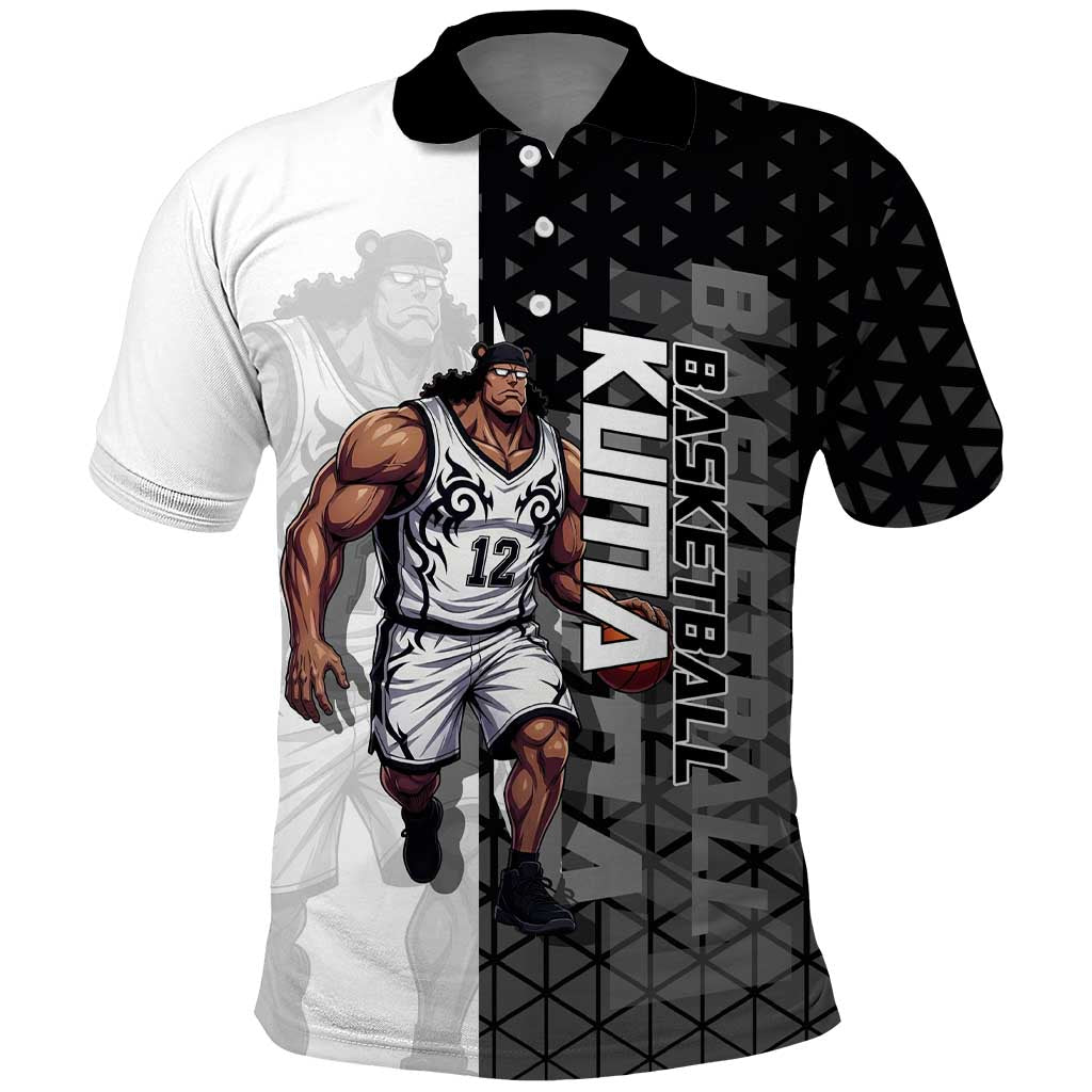 Bartholomew Kuma One Piece Basketball Crossover Design Polo Shirt with Monochrome Geometric Background and Dynamic Pose - The Mazicc
