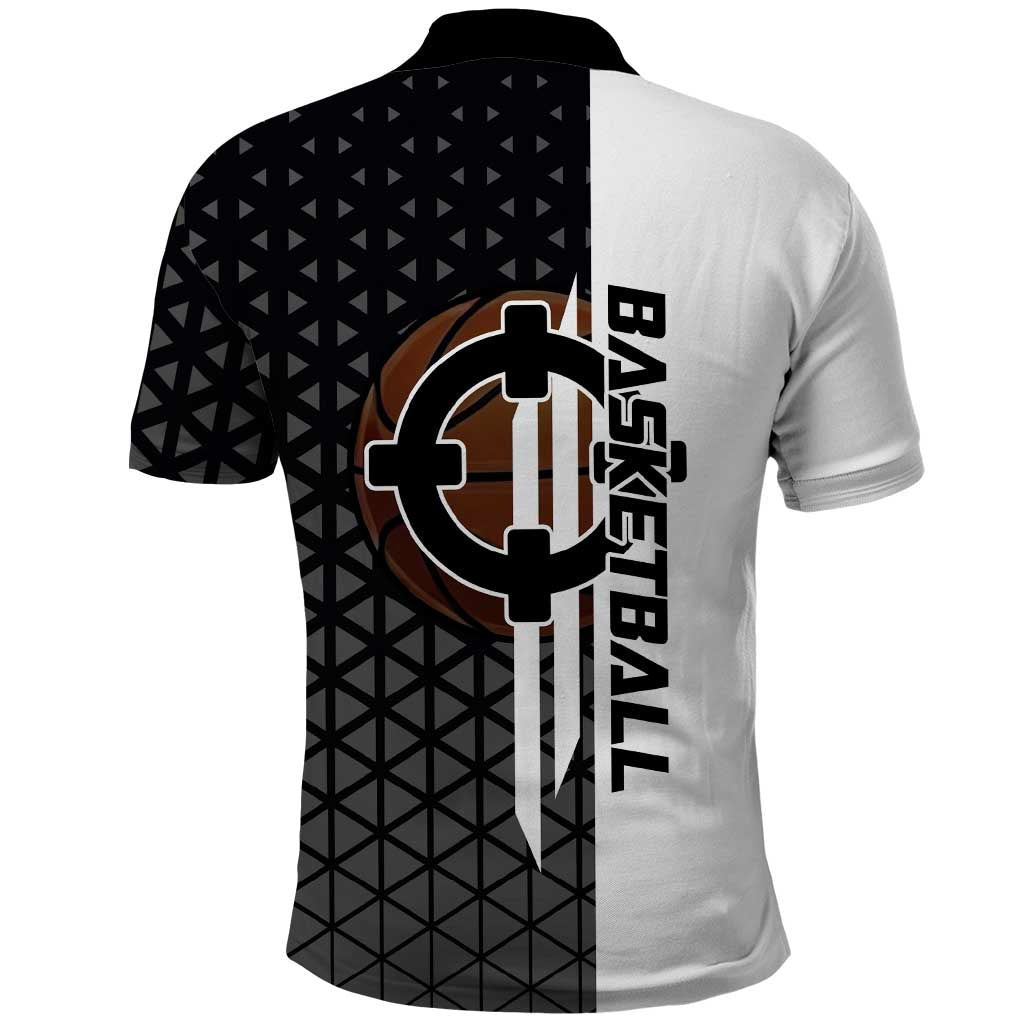 Bartholomew Kuma One Piece Basketball Crossover Design Polo Shirt with Monochrome Geometric Background and Dynamic Pose - The Mazicc