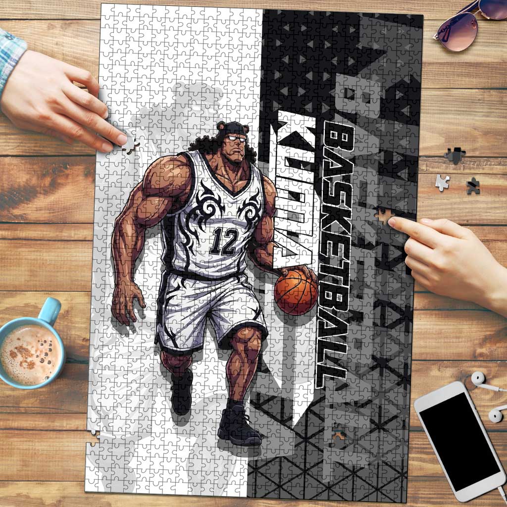 Bartholomew Kuma One Piece Basketball Crossover Design Puzzle with Monochrome Geometric Background and Dynamic Pose - The Mazicc
