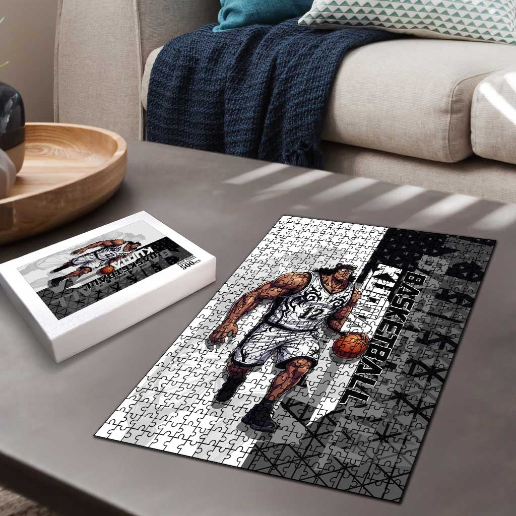 Bartholomew Kuma One Piece Basketball Crossover Design Puzzle with Monochrome Geometric Background and Dynamic Pose - The Mazicc