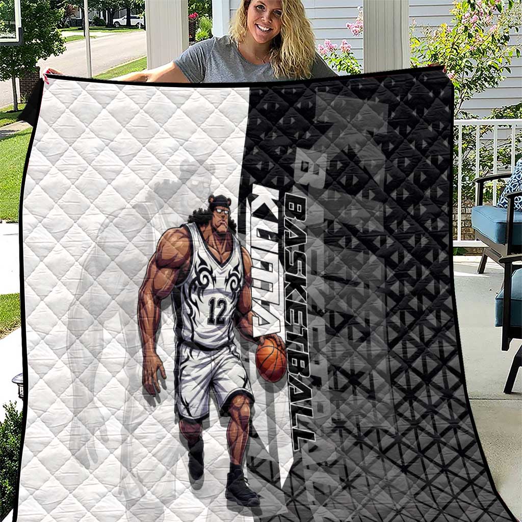Bartholomew Kuma One Piece Basketball Crossover Design Quilt with Monochrome Geometric Background and Dynamic Pose - The Mazicc