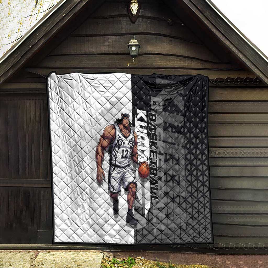 Bartholomew Kuma One Piece Basketball Crossover Design Quilt with Monochrome Geometric Background and Dynamic Pose - The Mazicc