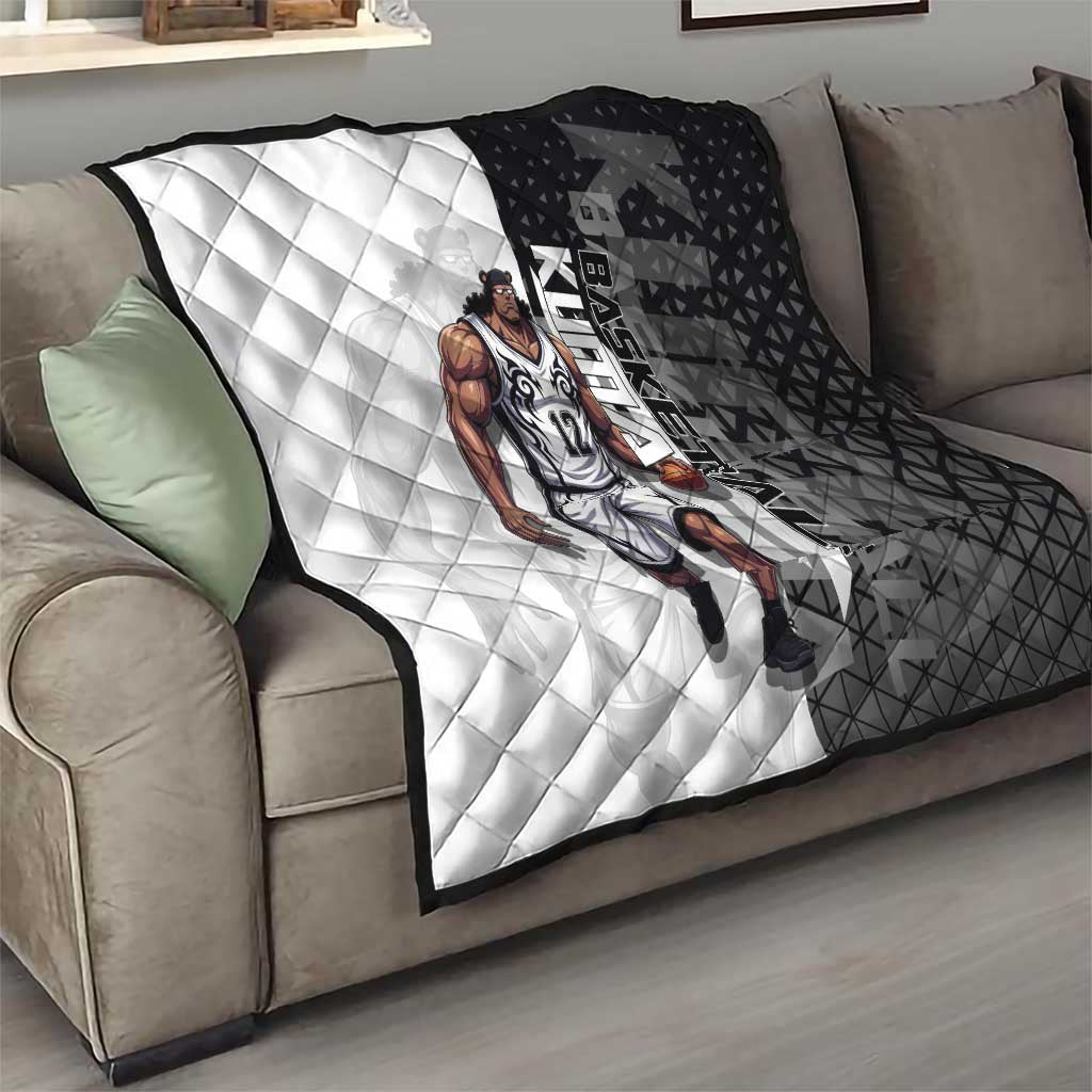 Bartholomew Kuma One Piece Basketball Crossover Design Quilt with Monochrome Geometric Background and Dynamic Pose - The Mazicc