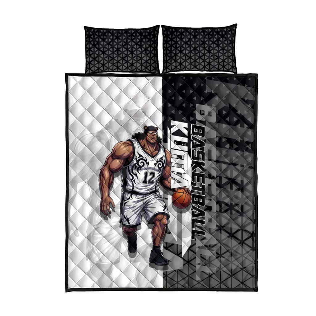 Bartholomew Kuma One Piece Basketball Crossover Design Quilt Bed Set with Monochrome Geometric Background and Dynamic Pose - The Mazicc