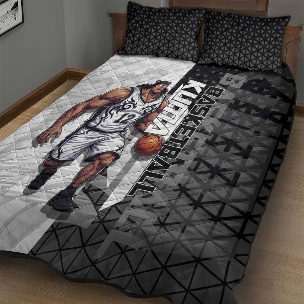 Bartholomew Kuma One Piece Basketball Crossover Design Quilt Bed Set with Monochrome Geometric Background and Dynamic Pose - The Mazicc