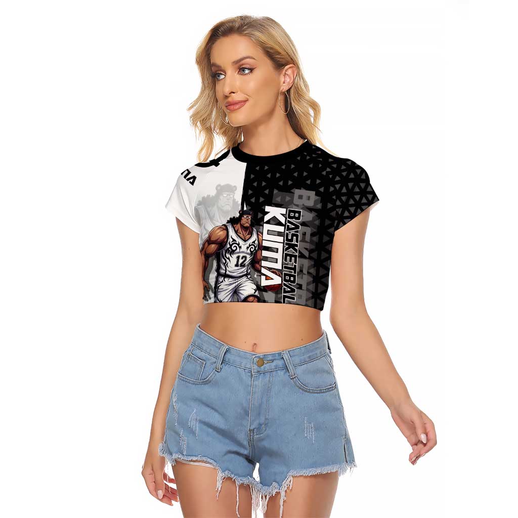 Bartholomew Kuma One Piece Basketball Crossover Design Raglan Cropped T Shirt with Monochrome Geometric Background and Dynamic Pose - The Mazicc