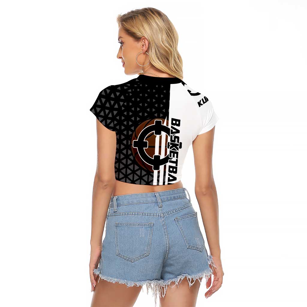 Bartholomew Kuma One Piece Basketball Crossover Design Raglan Cropped T Shirt with Monochrome Geometric Background and Dynamic Pose - The Mazicc