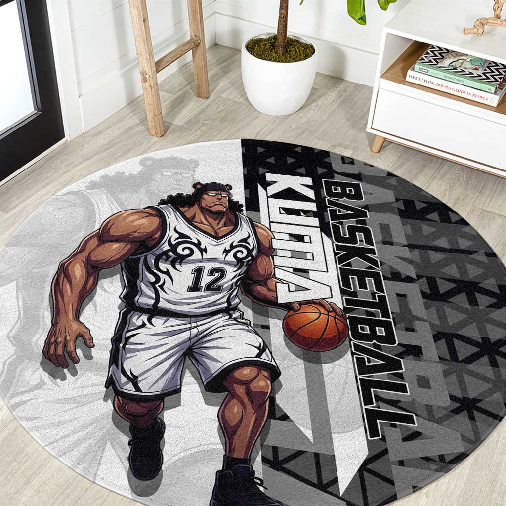 Bartholomew Kuma One Piece Basketball Crossover Design Round Carpet with Monochrome Geometric Background and Dynamic Pose - The Mazicc