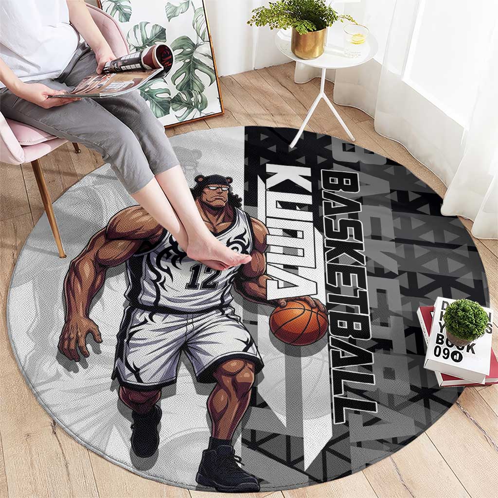 Bartholomew Kuma One Piece Basketball Crossover Design Round Carpet with Monochrome Geometric Background and Dynamic Pose - The Mazicc