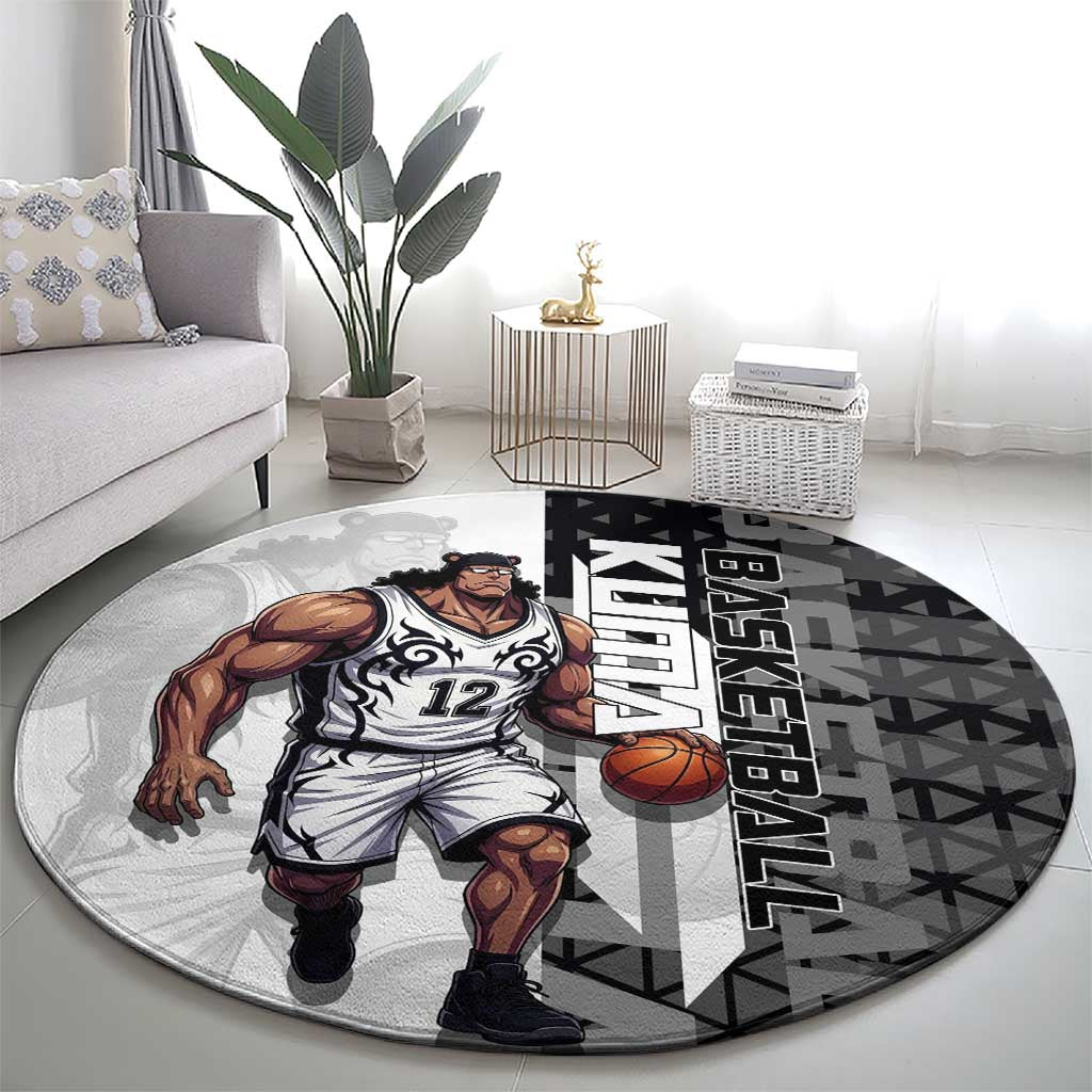 Bartholomew Kuma One Piece Basketball Crossover Design Round Carpet with Monochrome Geometric Background and Dynamic Pose - The Mazicc