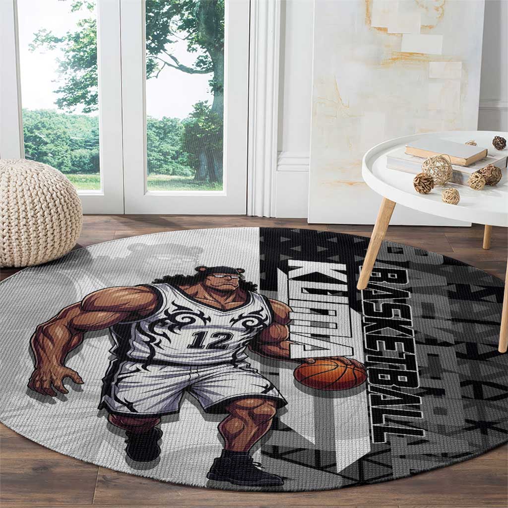 Bartholomew Kuma One Piece Basketball Crossover Design Round Carpet with Monochrome Geometric Background and Dynamic Pose - The Mazicc