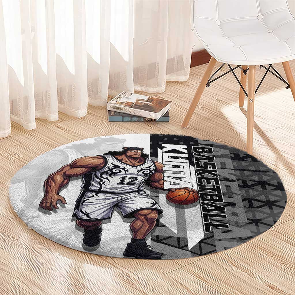 Bartholomew Kuma One Piece Basketball Crossover Design Round Carpet with Monochrome Geometric Background and Dynamic Pose - The Mazicc