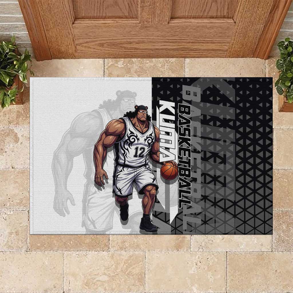 Bartholomew Kuma One Piece Basketball Crossover Design Rubber Doormat with Monochrome Geometric Background and Dynamic Pose - The Mazicc