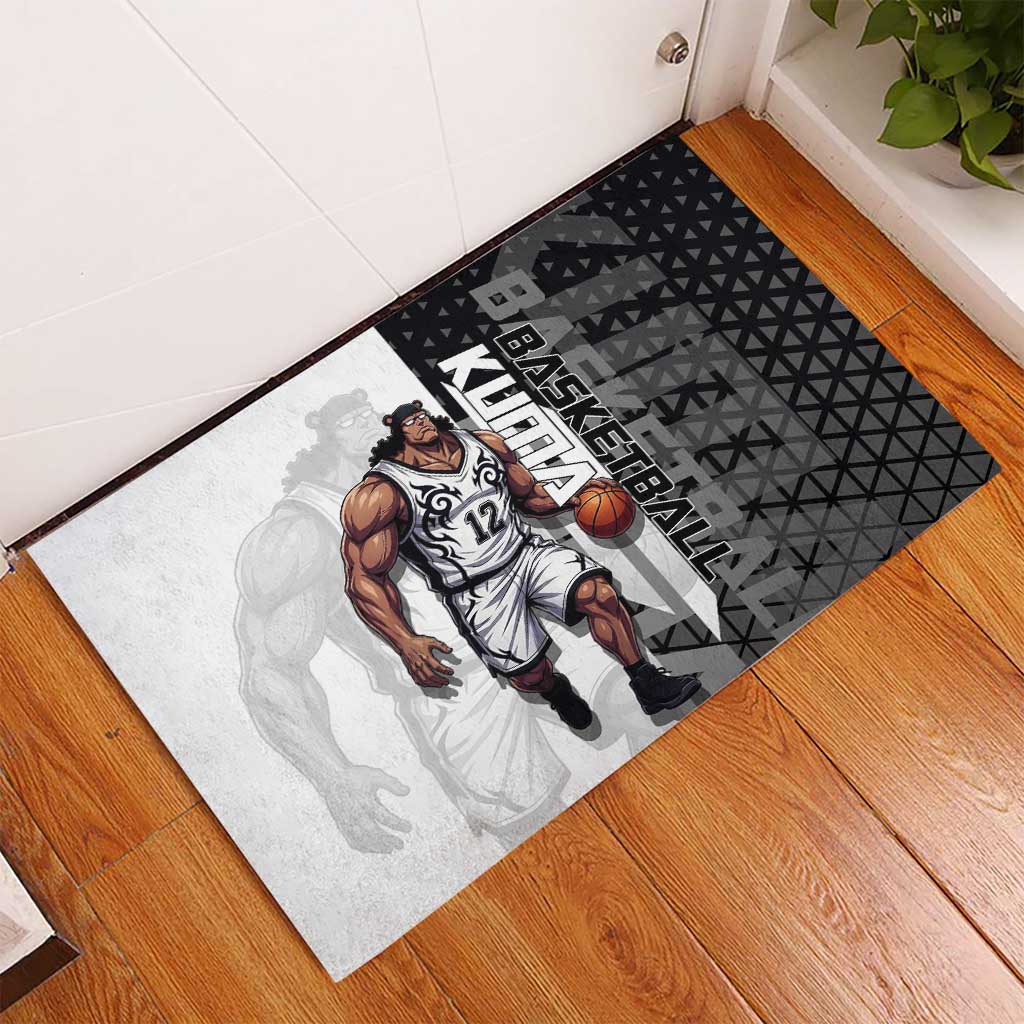 Bartholomew Kuma One Piece Basketball Crossover Design Rubber Doormat with Monochrome Geometric Background and Dynamic Pose - The Mazicc