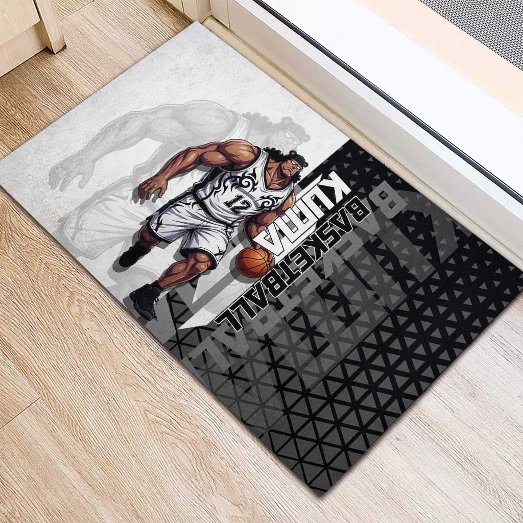 Bartholomew Kuma One Piece Basketball Crossover Design Rubber Doormat with Monochrome Geometric Background and Dynamic Pose - The Mazicc