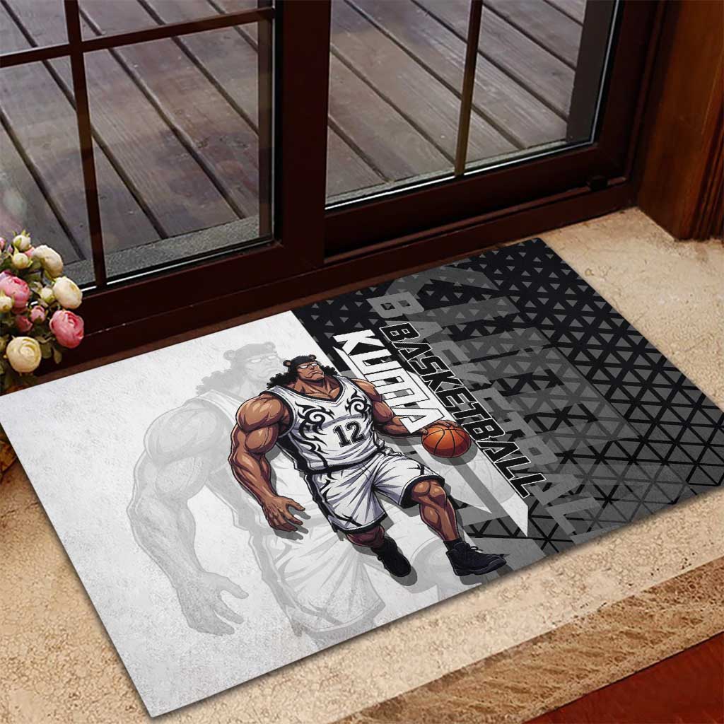 Bartholomew Kuma One Piece Basketball Crossover Design Rubber Doormat with Monochrome Geometric Background and Dynamic Pose - The Mazicc