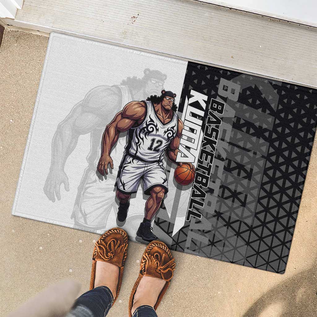 Bartholomew Kuma One Piece Basketball Crossover Design Rubber Doormat with Monochrome Geometric Background and Dynamic Pose - The Mazicc