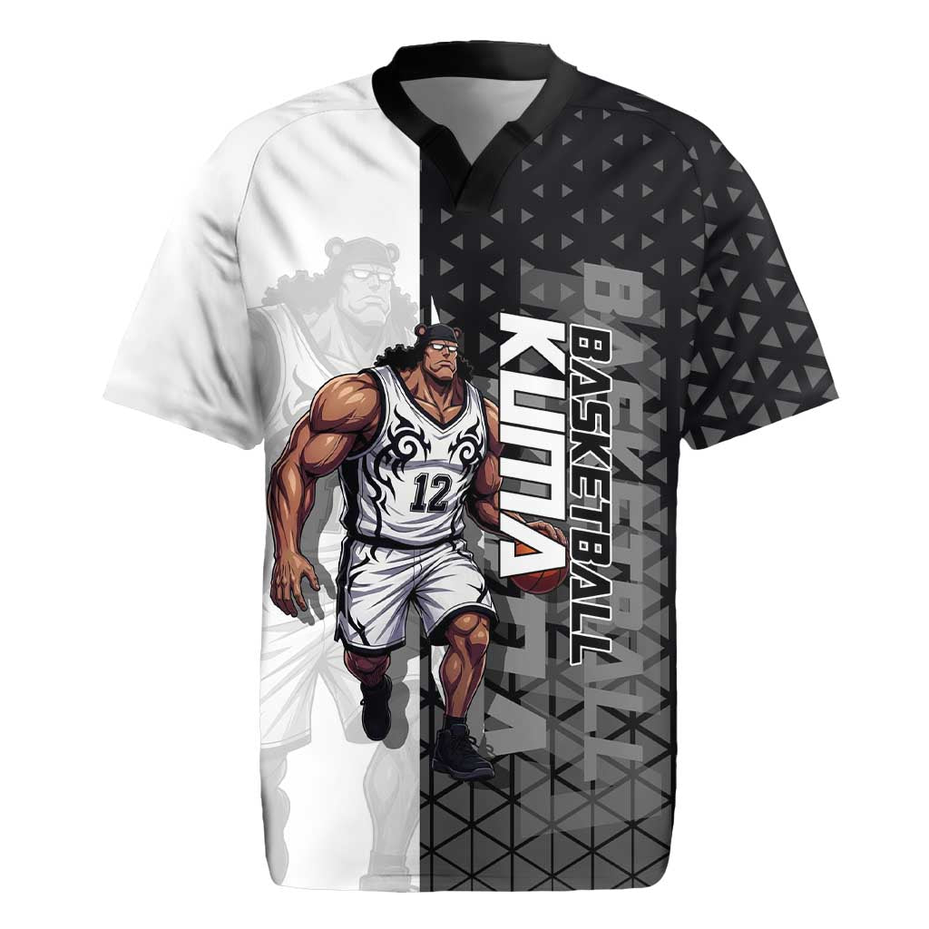 Bartholomew Kuma One Piece Basketball Crossover Design Rugby Jersey with Monochrome Geometric Background and Dynamic Pose - The Mazicc