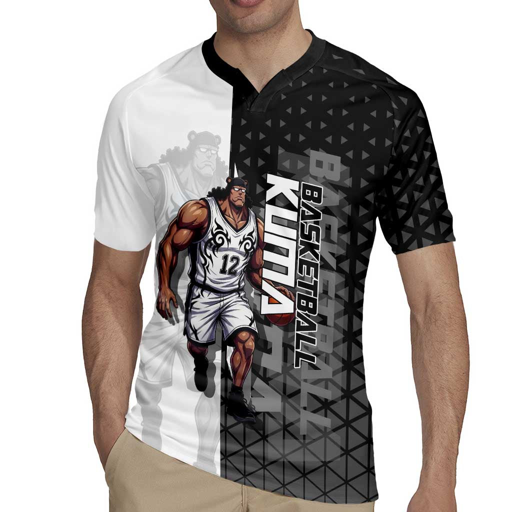 Bartholomew Kuma One Piece Basketball Crossover Design Rugby Jersey with Monochrome Geometric Background and Dynamic Pose - The Mazicc
