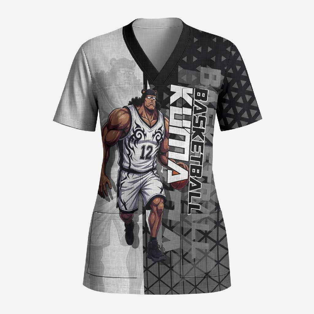 Bartholomew Kuma One Piece Basketball Crossover Design Scrub Top with Monochrome Geometric Background and Dynamic Pose - The Mazicc