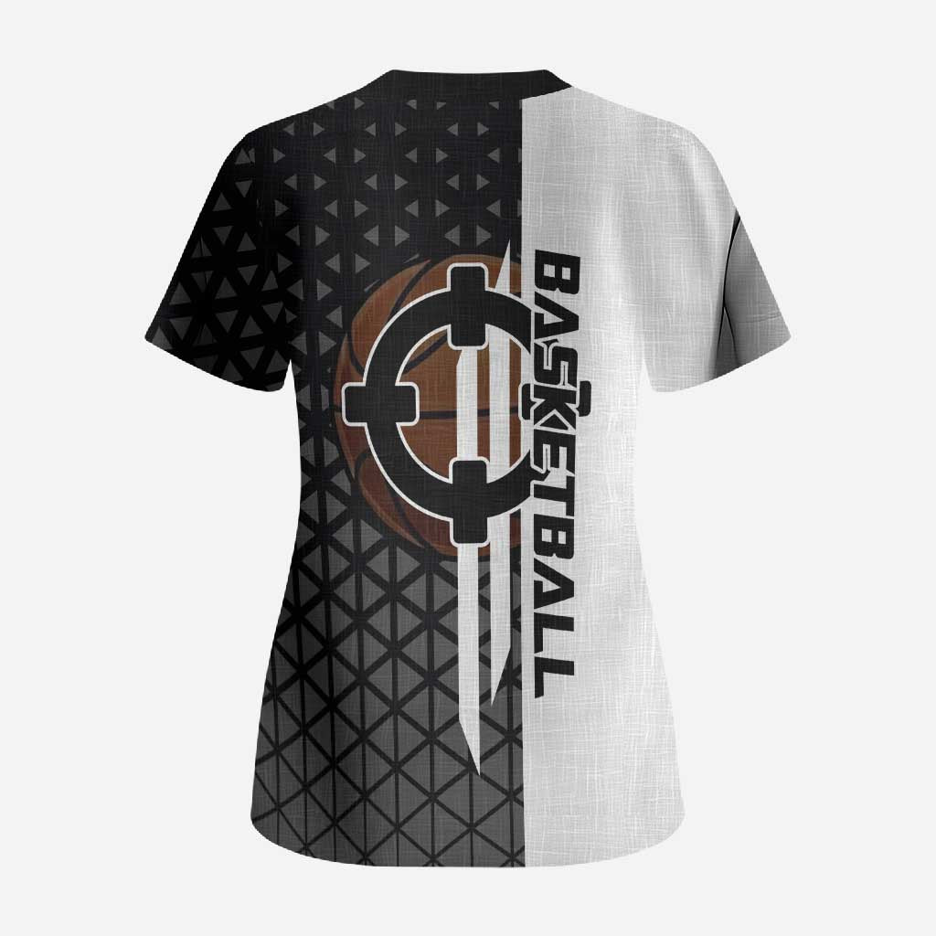 Bartholomew Kuma One Piece Basketball Crossover Design Scrub Top with Monochrome Geometric Background and Dynamic Pose - The Mazicc