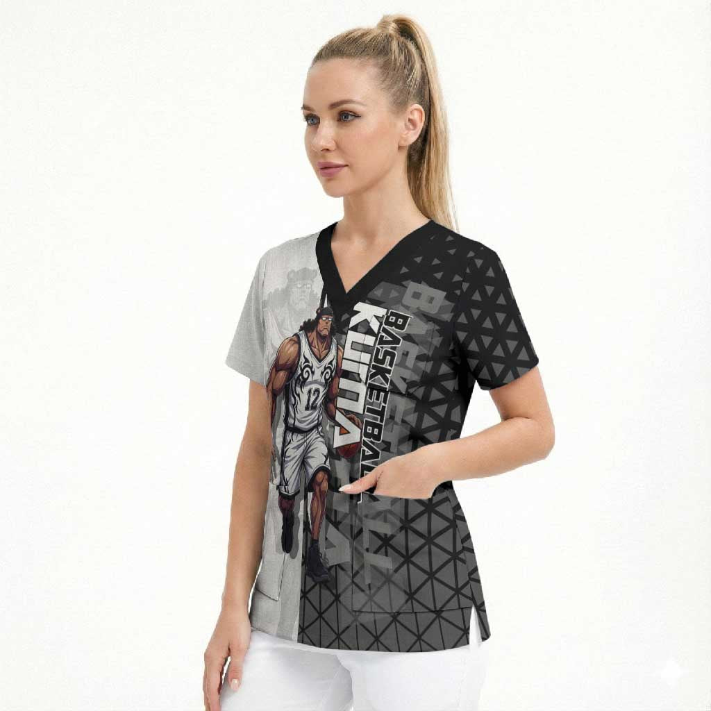 Bartholomew Kuma One Piece Basketball Crossover Design Scrub Top with Monochrome Geometric Background and Dynamic Pose - The Mazicc