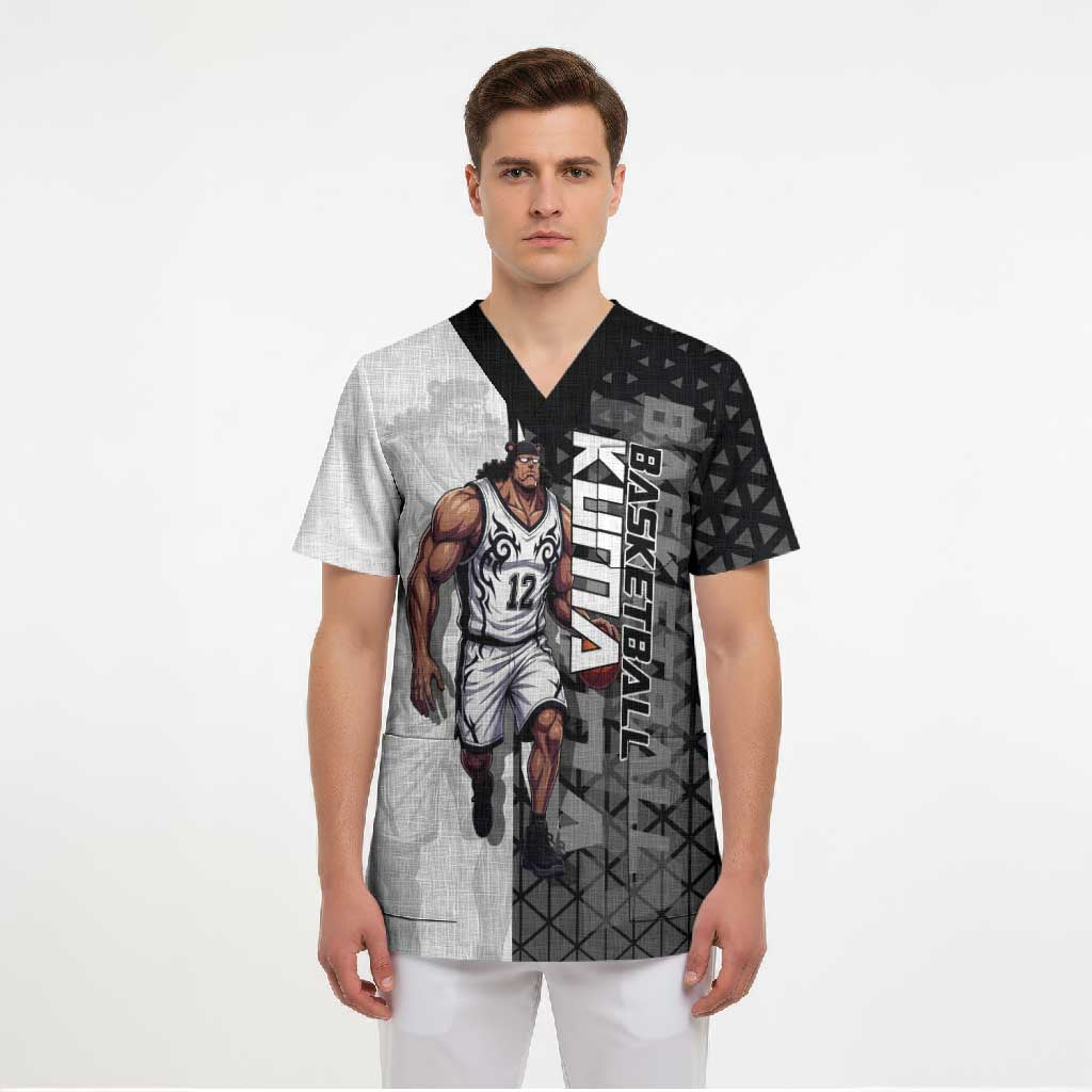 Bartholomew Kuma One Piece Basketball Crossover Design Scrub Top with Monochrome Geometric Background and Dynamic Pose - The Mazicc