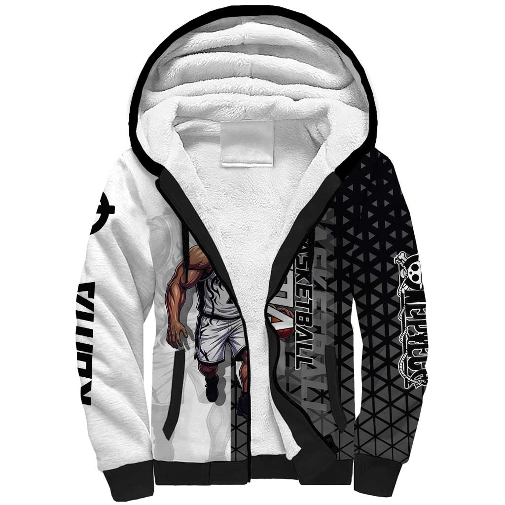 Bartholomew Kuma One Piece Basketball Crossover Design Sherpa Hoodie with Monochrome Geometric Background and Dynamic Pose - The Mazicc