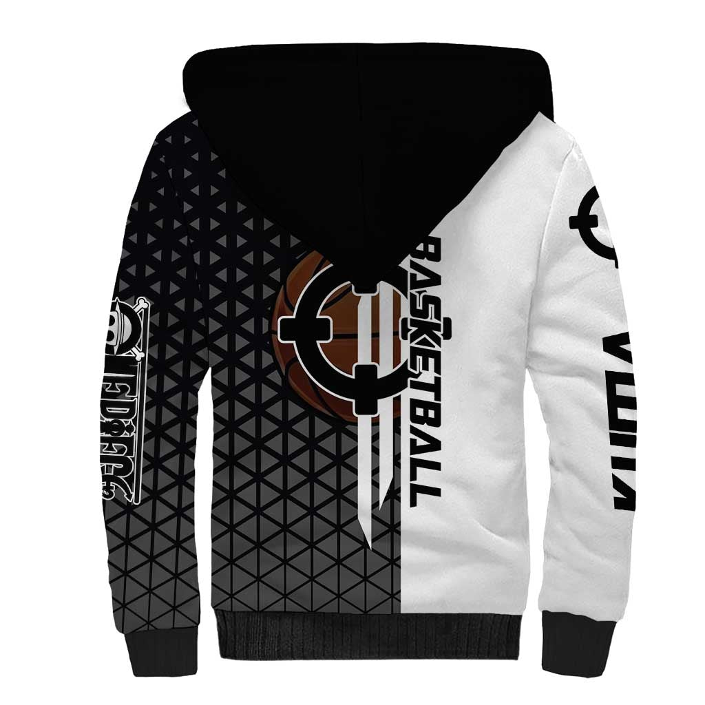 Bartholomew Kuma One Piece Basketball Crossover Design Sherpa Hoodie with Monochrome Geometric Background and Dynamic Pose - The Mazicc