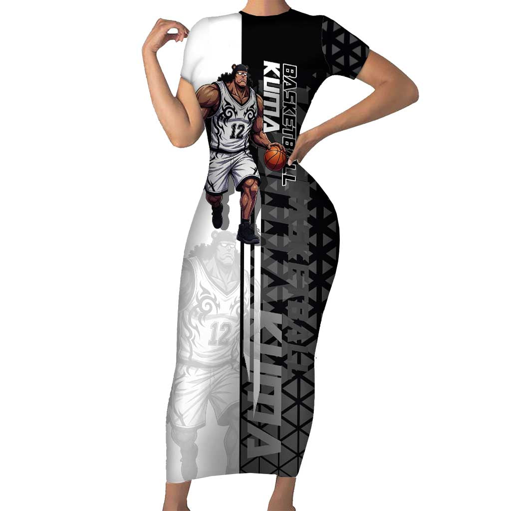 Bartholomew Kuma One Piece Basketball Crossover Design Short Sleeve Bodycon Dress with Monochrome Geometric Background and Dynamic Pose - The Mazicc