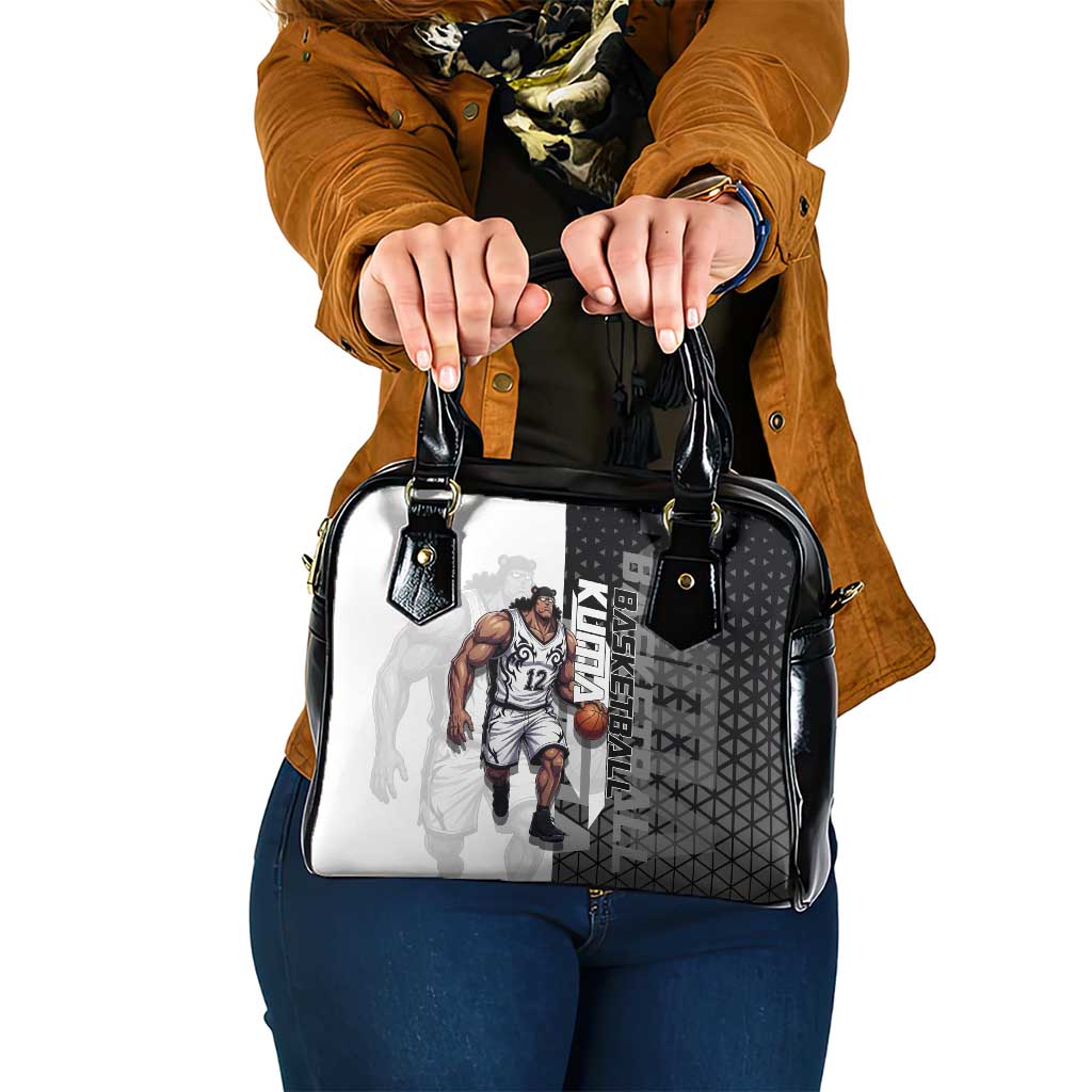 Bartholomew Kuma One Piece Basketball Crossover Design Shoulder Handbag with Monochrome Geometric Background and Dynamic Pose - The Mazicc