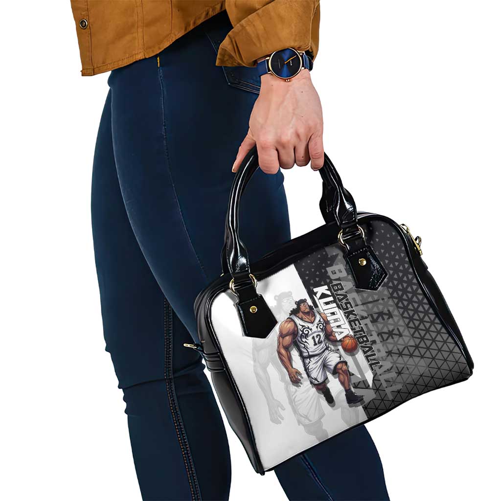 Bartholomew Kuma One Piece Basketball Crossover Design Shoulder Handbag with Monochrome Geometric Background and Dynamic Pose - The Mazicc