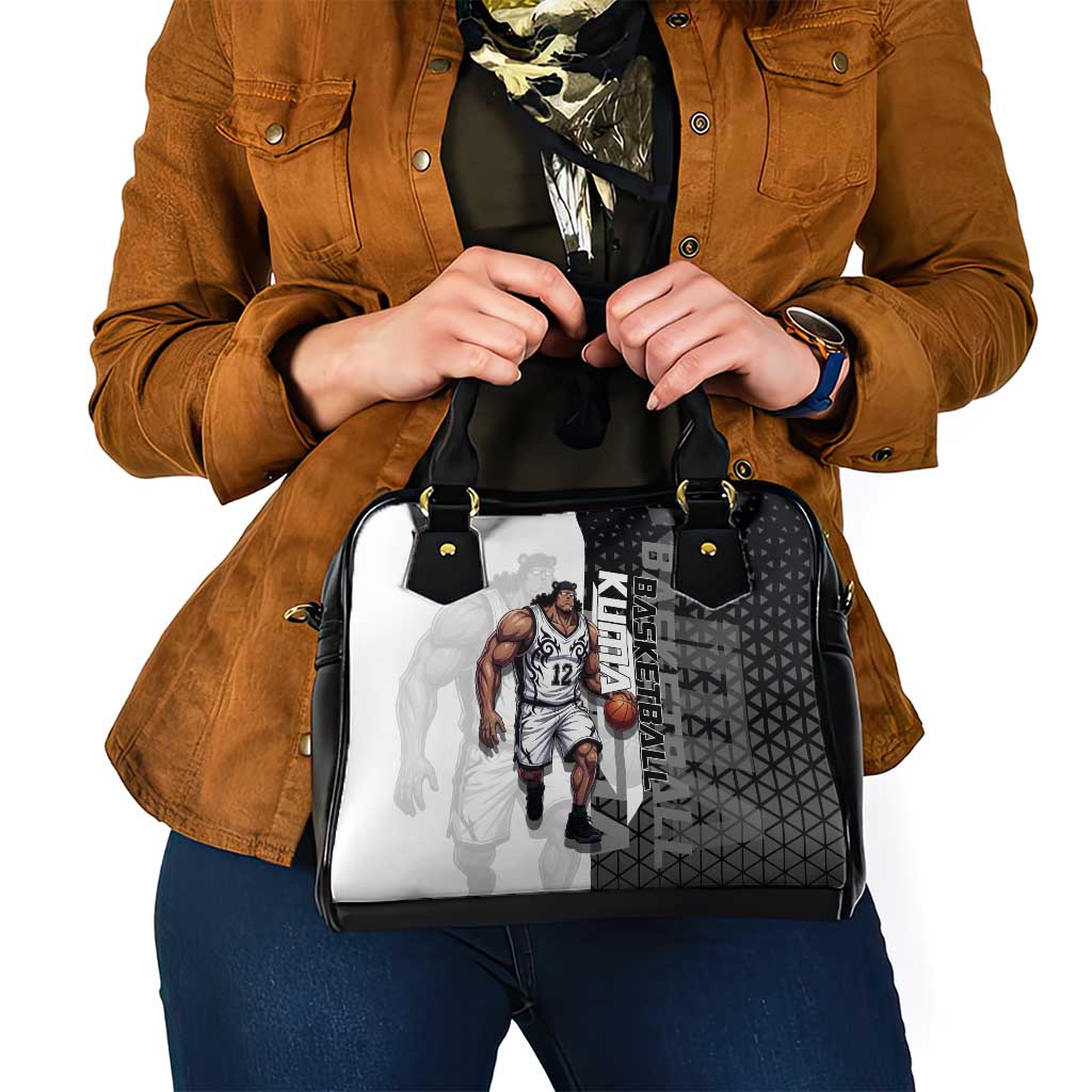 Bartholomew Kuma One Piece Basketball Crossover Design Shoulder Handbag with Monochrome Geometric Background and Dynamic Pose - The Mazicc